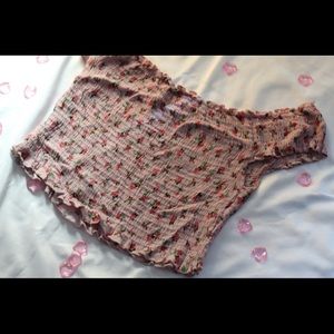 pink floral off the shoulder top.